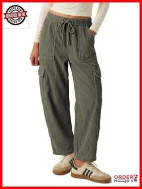 Women's Corduroy Cargo Pants Loose Baggy Wide Leg Barrel Trousers